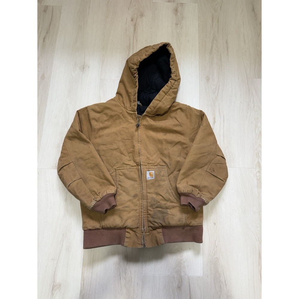 Carhartt Kids Active Jacket Brown Cotton Duck Quilted Lined Hooded M 10-12 Coat